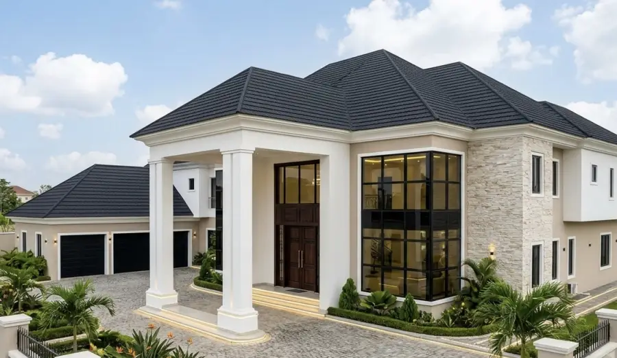Application rendering showing Bond stone coated metal roofing on a two-storey house