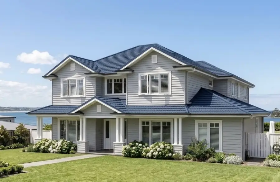 Product application rendering of Bond stone coated metal roofing on residential gable roofs