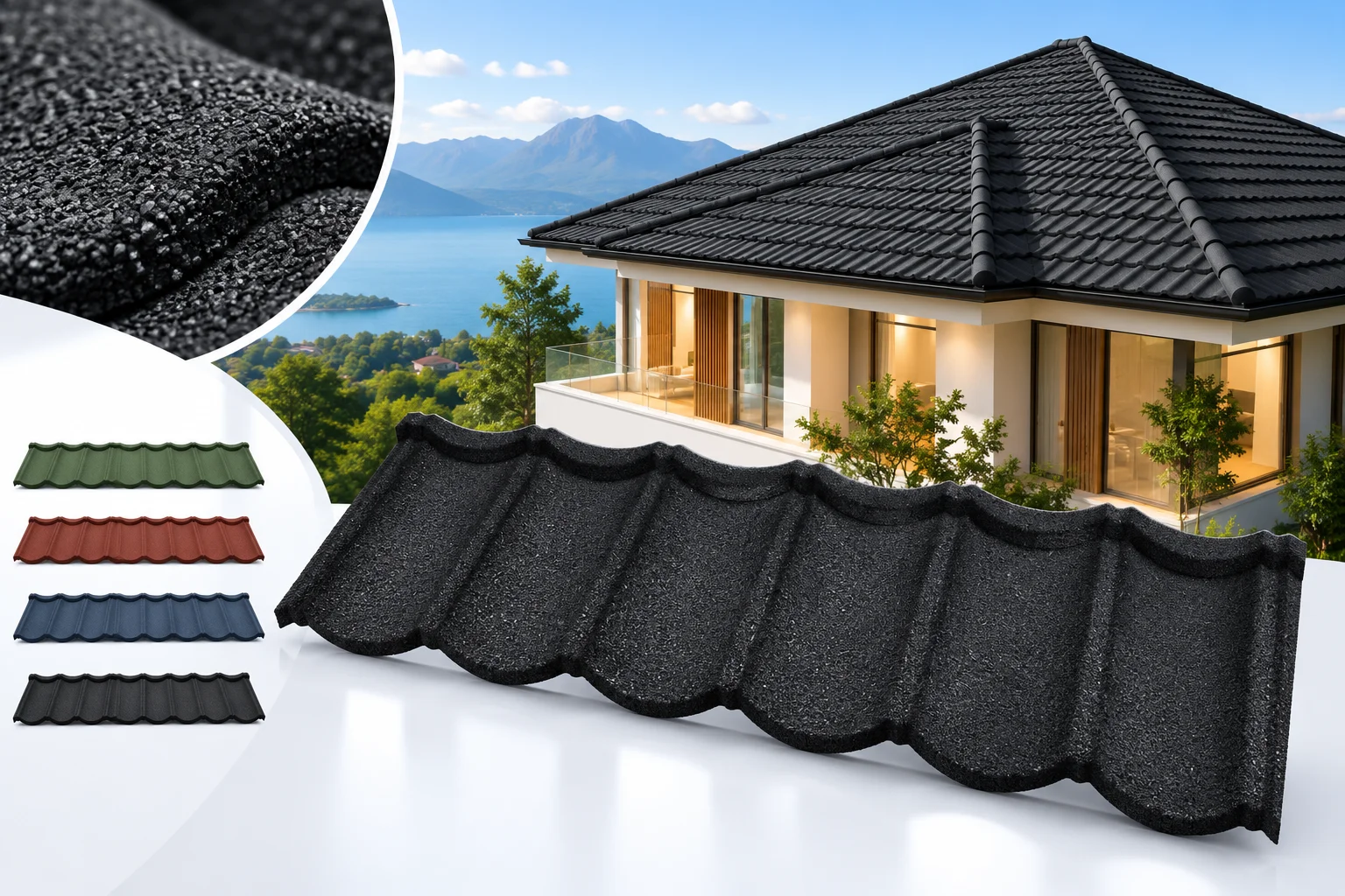 Stone-coated metal roofing tiles with a black tiled villa roof, stone-granule detail and four color options