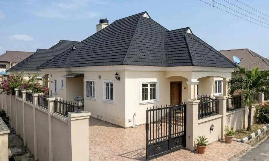 Application rendering showing Shingle stone coated metal roofing on a single-storey house
